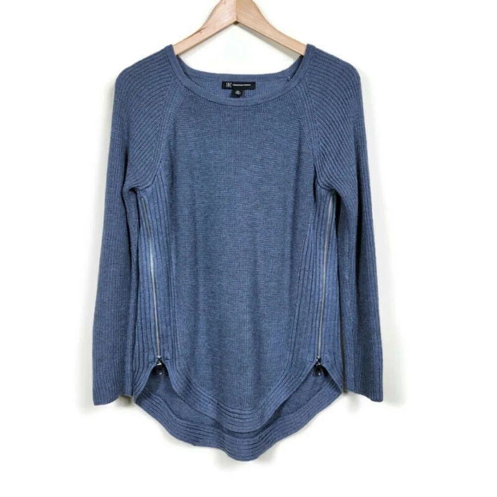 INC International Concepts Waffle Knit Sweater Blue Side Zip Tunic Women Size PM